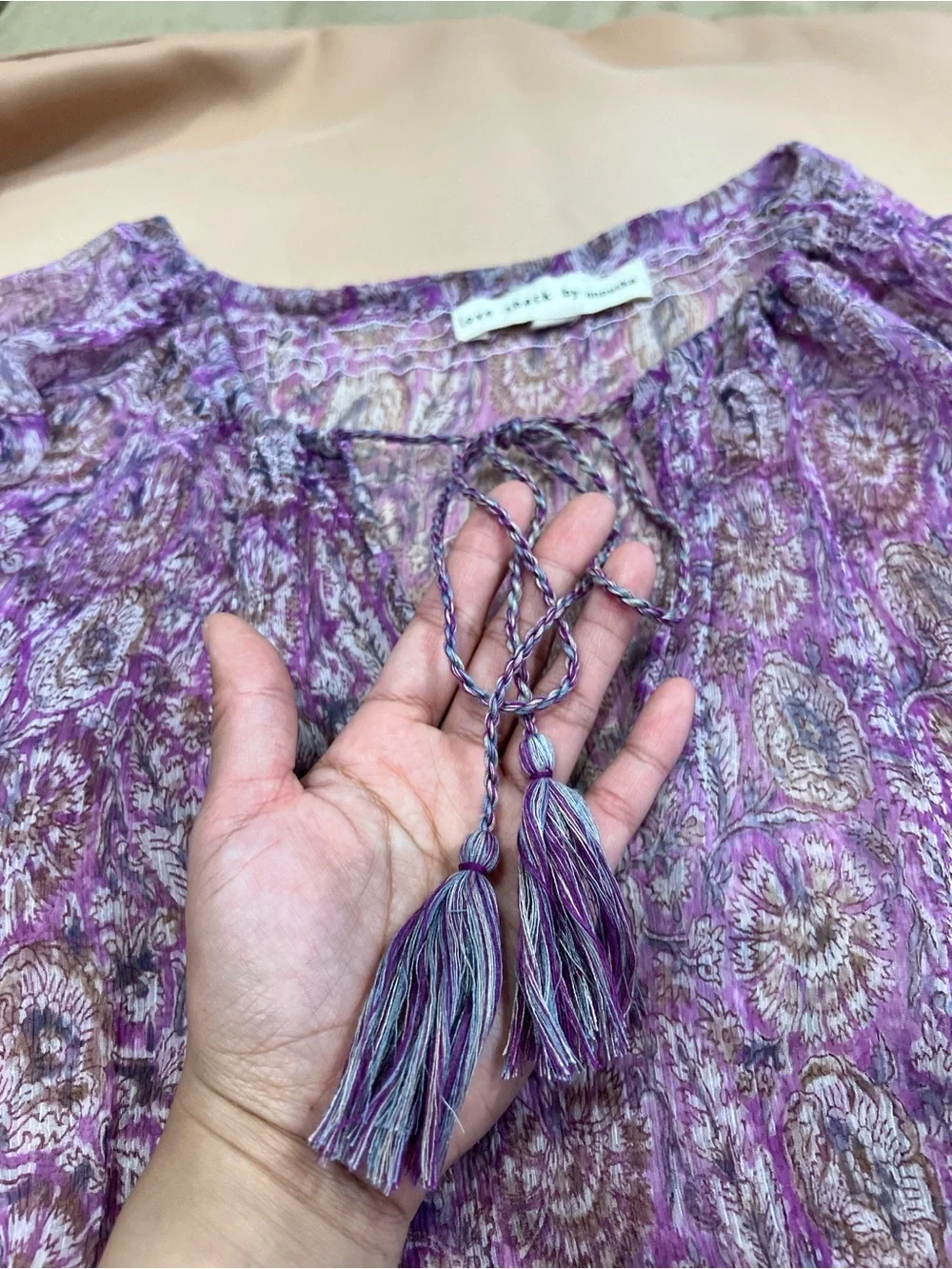 Love Shack By Anouska Purple Paisley Tassel Tie Sheer Boho Blouse Top XL Beach - Picture 3 of 8